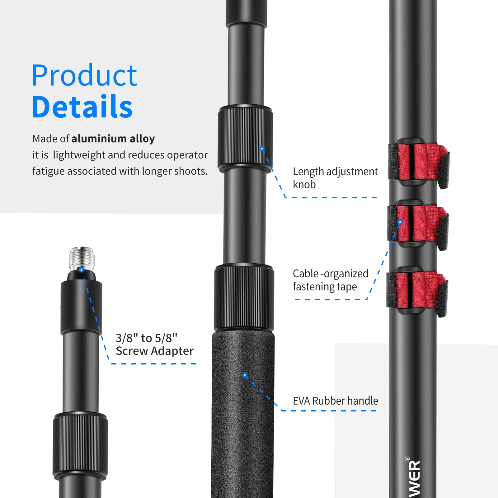 NEEWER NW-7000 Microphone Boom Arm, 3 Section Extendable Handheld Mic Arm with 3/8'' & 3/8'' to 5/8'' Screw Adapter, 3ft to 8ft
